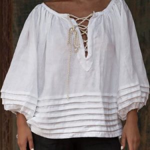 White Balloon Sleeve Plain Lace Up Linen Blouse