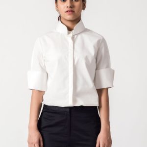 White Basic Half Sleeve Plain Stand Collar Blouse