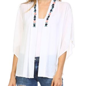 White Batwing Plain H-line Floral-embroidered Kimono