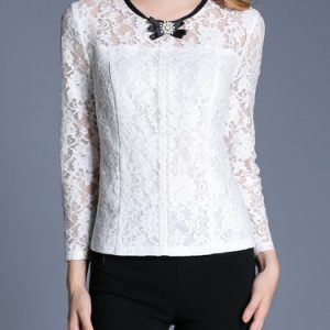 White Beaded Girly Floral Guipure Lace Long Sleeved Top