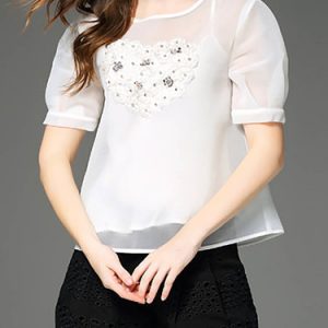 White Beaded Half Sleeve Polyester Two Piece Blouse