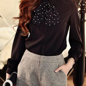 White Bow Long Sleeve Polka Dots Blouse