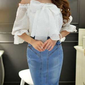 White Bow Polyester Off Shoulder Sweet Blouse