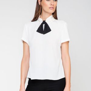 White Bow Stand Collar Girly Short Sleeved Top