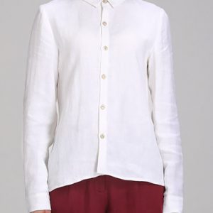 White Buttoned Simple Linen V Neck Blouse