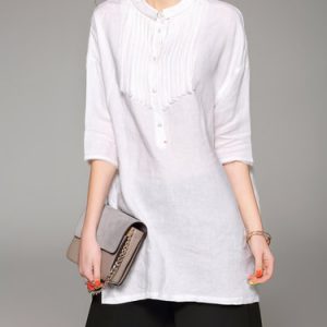 White Casual 3/4 Sleeve Linen Stand Collar Tunic