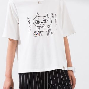 White Casual Cat Printed Cotton T-Shirt