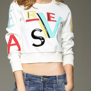 White Casual Cotton-blend Embroidery H-line Sweatshirt