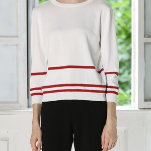 White Casual H-line Stripes Knitted Long Sleeved Top