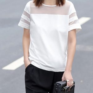 White Casual Plain Mesh Paneled Crew Neck T-Shirt