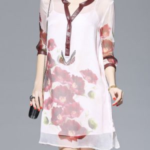 White Casual Silk V Neck Floral Mini Dress