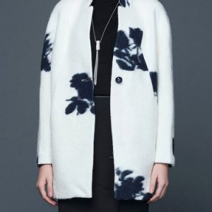 White Cocoon Jacquard Printed Wool Blend Long Sleeve Coat