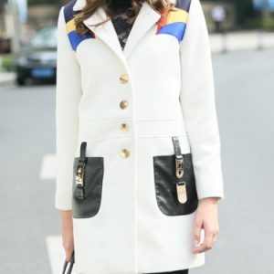 White Color-block Wool Blend Printed Lapel Casual H-line Coat