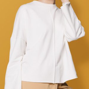 White Cotton-blend Plain Long Sleeved Top