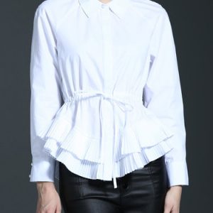 White Cotton-blend Solid Shirt Collar Pleated A-line Girly Blouse