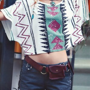 White Crew Neck Batwing Tribal Cotton-blend Cropped Top