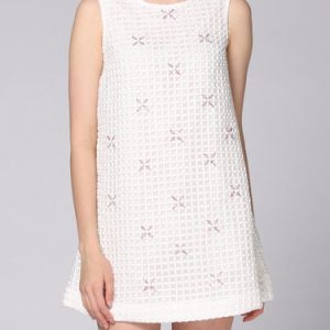 White Crew Neck Beaded Sleeveless Mini Dress