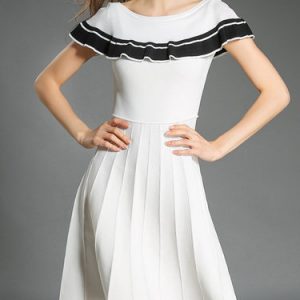 White Crew Neck Cotton-blend Short Sleeve Ruffled Mini Dress