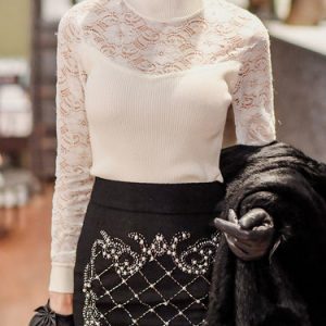 White Crew Neck Girly Lace Paneled Knitted Long Sleeved Top