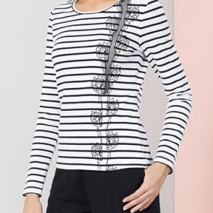 White Crew Neck H-line Casual Stripes Long Sleeved Top