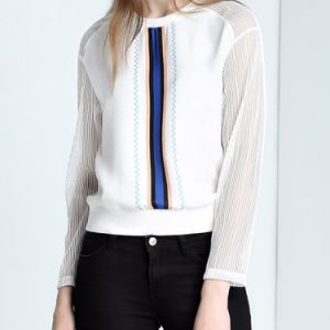 White Crew Neck H-line Long Sleeve Color-block Stripes Blouse