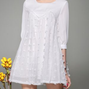 White Crew Neck Paneled A-line 3/4 Sleeve Mini Dress