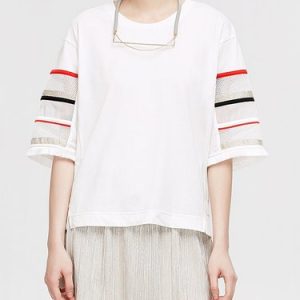 White Crew Neck Plain Casual Mesh Paneled T-Shirt