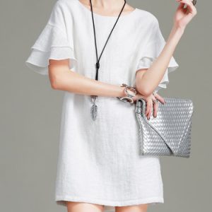 White Crew Neck Solid Simple H-line Mini Dress