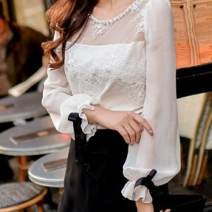 White Crew Neck Sweet Polyester Blouse