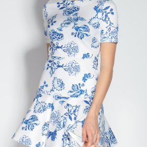 White Elegant Floral Printed Crew Neck Mini Dress