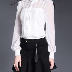 White Elegant Silk Paneled Crew Neck Blouse