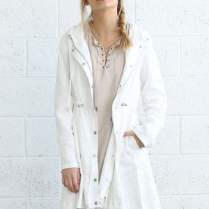 White Embroidered Hoodie Long Sleeve A-line Coat