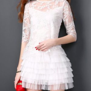 White Embroidered Mesh Girly 3/4 Sleeve A-line Mini Dress