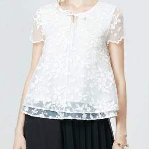 White Embroidered Short Sleeve Crew Neck Blouse