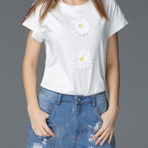 White Floral Appliqued Casual Cotton-blend T-Shirt