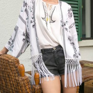 White Floral Asymmetric Silk Boho Kimono