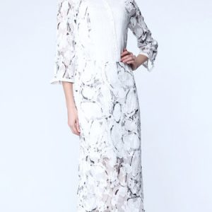 White Floral Balloon Sleeve Midi Dress