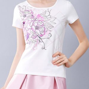 White Floral Cotton-blend Short Sleeve T-Shirt