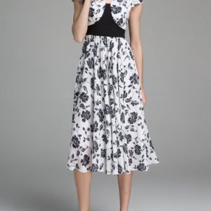 White Floral Floral-print Elegant Midi Dress