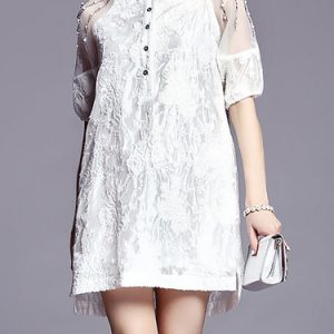 White Floral Half Sleeve Sweat Beaded Organza Mini Dress