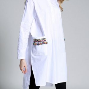 White Fringes Simple Slit Long Sleeve H-line Crew Neck Tunic