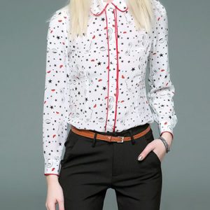 White Geometric Shirt Collar Casual Silk Blouse