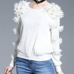 White Girly Appliqued Long Sleeved Top