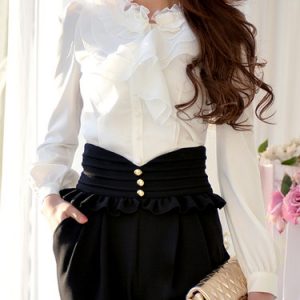 White Girly Buttoned Ruffled Blouse