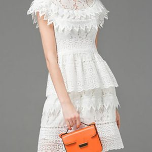 White Girly Plain Pierced Lace Mini Dress