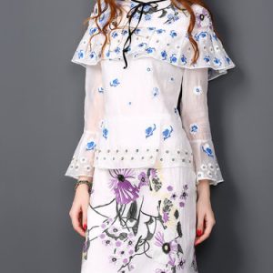 White Girly Stand Collar Frill Sleeve Floral-embroidered Ruffled Midi Dress