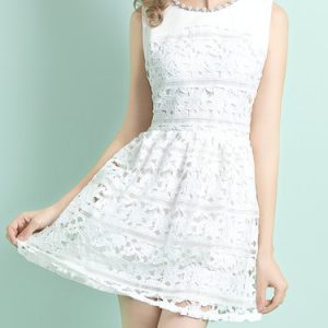 White Guipure Lace Sleeveless Pierced Mini Dress