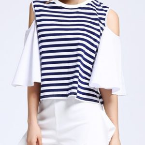 White H-line Ruffled Cold Shoulder Stripes T-Shirt