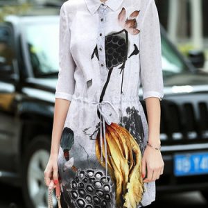 White Half Sleeve Animal Print Silk H-line Shirt Dress