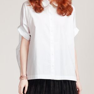 White High Low Short Sleeve Shirt Collar Blouse